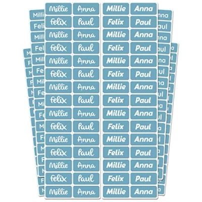 Image of melu kids® Stick on Name Labels for Clothes &amp; Items (50), Washable and Personalised Clothing Kids Stickers, Tags School, No Iron Blue