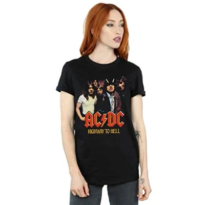 Image of Absolute Cult ACDC Women&#039;s Highway to Hell Group Boyfriend Fit T Shirt Black Small