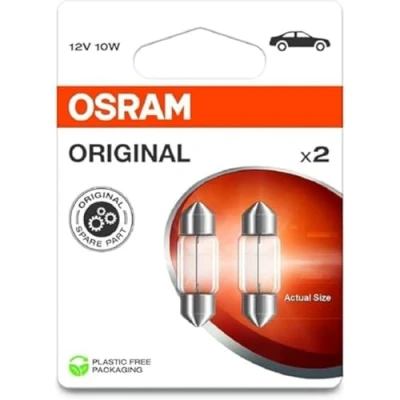 Image of OSRAM ORIGINAL LINE 12V, C10W, halogen Signal lamps, Festoon, lamp, Double blister (2 lamps)