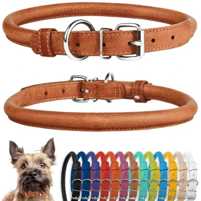 Image of CollarDirect Rolled Leather Dog Collar, Soft Padded Round Puppy Handmade Genuine Collar Small Large Cat Collars Black Pink Red Purple Blue (Fits 6&quot; 7&#039;&#039; Neck, Brown)