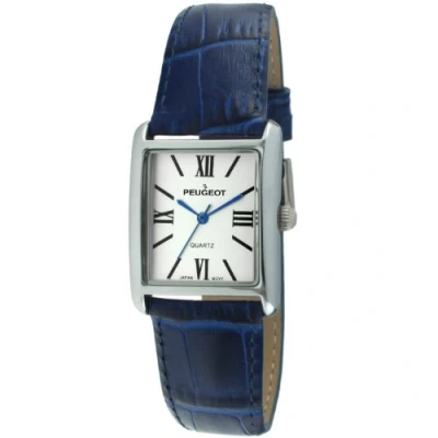 Image of Peugeot Women&#039;s Silver Tone Tank Shape Leather Dress Watch with Roman Numerals, Blue, Women
