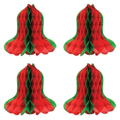 Image of Beistle Honeycomb Tissue Paper Bells 4 Piece Christmas Decorations Winter Party Supplies, 12&quot;, Red/Green