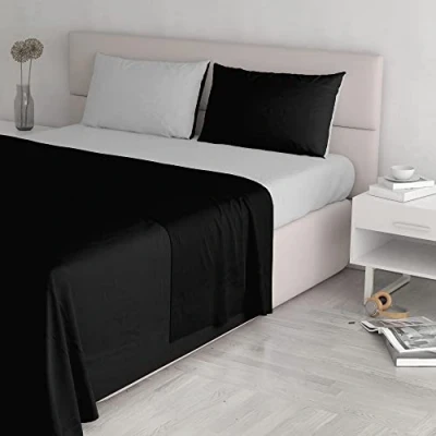 Image of Italian Bed Linen Natural Color Set (Flat 250x300, Fitted Sheet 170x200cm+2 Pillowcases 52x82cm), Petrol Bottle Green, Black/Light Gray, DOUBLE