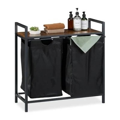 Image of Relaxdays Laundry Basket, HxWxD: 72 x 73 33 cm, Bathroom Rack, 2 Pull out Compartments, Collector, Black/Brown, Steel