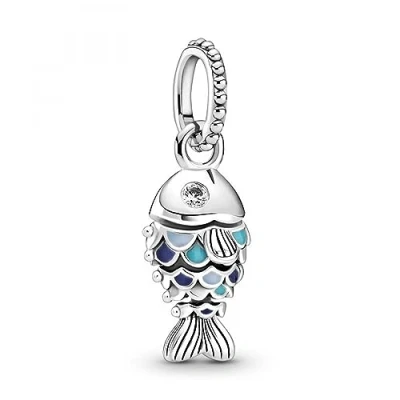 Image of Pandora Passions Fish sterling silver dangle with clear cubic zirconia, true navy, capri blue and pastel enamel