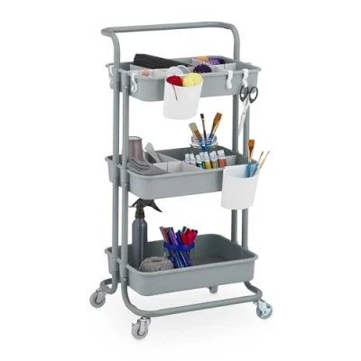 Image of Relaxdays Storage Trolley, 3 Shelves, Cart for Kitchen, Bathroom &amp; Office, Rolling Shelf, HWD: 86 x 42.5 36 cm, Grey, 50% steel 40% plastic 10% felt