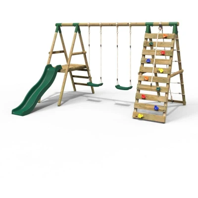 Image of Rebo® Wooden Swing Set with Deck and Slide plus Up Over Climbing Wall Jade Green Children Garden OutdoorToys Kids Furniture Sturdy Construction