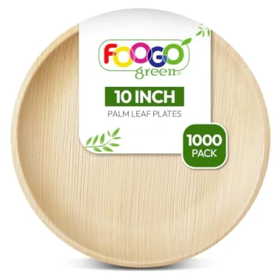 Image of FOOGO Green 1000 Disposable Palm Leaf Plates, 10&quot;(25cm) Large Round, Eco Friendly Biodegradable Compostable Like Wooden Bamboo Paper Plates for Hot Food, Wedding Picnic