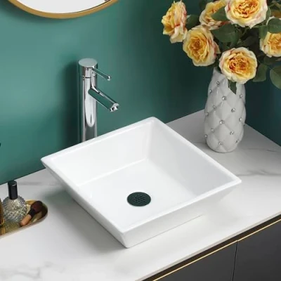 Image of BELOFAY Modern Bathroom Basin Sink, Counter Top White Cloakroom Ceramic for Bathroom, Vanity Cabinet, and Toilet (Square 1)