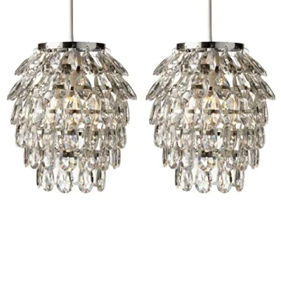Image of firstchoicelighting Set of 2 Modern Pendant Lightshades, Easy Fit Ceiling Light Shades, Clear Acrylic with Chrome, Pineapple Design