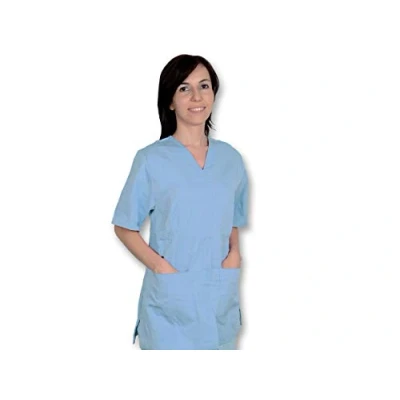 Image of Gima Jacket, Hospital Scrub Tunic Top, Made of Cotton and Polyester, Light Blue Colour, V Neck, Short Sleeve, 5 Buttons, Unisex, Size XXL, for Doctors, Vets, Nurses Medical Staff