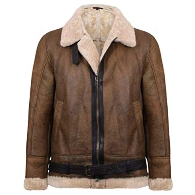 Image of Infinity Leather Mens Vintage Brown Sheepskin Aviator Jacket KANSAS Size Large