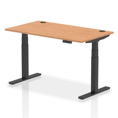 Image of Air 1400 x 800mm Height Adjustable Desk Oak Top Cable Ports Black Leg