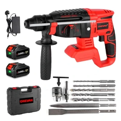 Image of Cordless Electric Hammer Drill 650W SDS Plus Brushless Battery Drill, 4 Speed Power Tools with Anti Vibration Handle (Incl. 2 Batteries &amp; Charger)