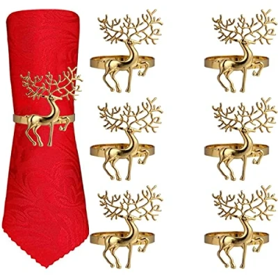 Image of Christmas Napkin Rings 6 Pcs Alloy Ring Holder Household Buckle for Table Decor, Wedding, Xmas, Party Dinner, Thanksgiving (Reindeer) (Gold)