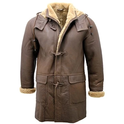Image of Infinity Men&#039;s Brown Sheepskin Leather Detachable Hood Duffle Coat M