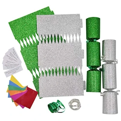 Image of evelay 12 Make Your Own Christmas Cracker kit Crackers Hats Snaps Silver &amp; Green