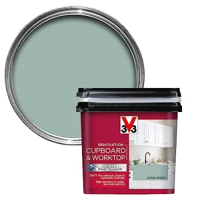Image of V33 Renovation Cupboard &amp; Worktop Paint Agave Green 750ml No Undercoat Durable Finish High Resistance To Water, Stains Scratches Washable Resistant Cleaning Products