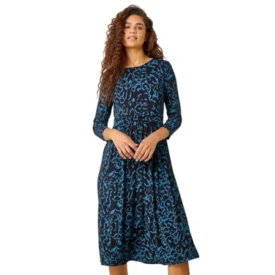 Image of Roman Womens Twist Waist Animal Print Stretch Dress Blue Size 20 UK