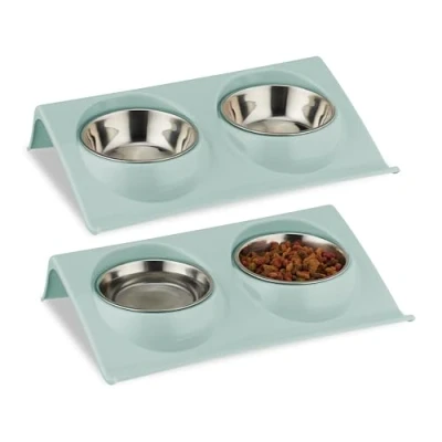 Image of Relaxdays 2X Feeding Stations, Double Bowls, Sloping, Rim, Plastic &amp; Stainless Steel, HWD: 6.5 x 29 19 cm, Blue/Silver