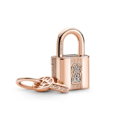 Image of Pandora Padlock &amp; Key Dangle Charm 14k Rose Gold Cubic Zirconia Bracelet Compatible with Me Moments Gift for Her No Box