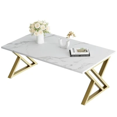 Image of Coffee Table, Living Room Center Tea Rectangular End Side Table with Gold Metal Frame for Bedroom Office, Modern Open Design, 39.3 x 18.9 17.7 IN, White/Gold
