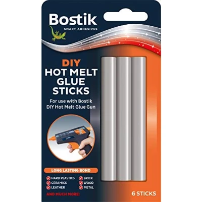 Image of 6 Packs of Bostik DIY hot melt glue gun replacement sticks per pack. Size 100mm long x 11mm diameter 80712