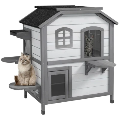 Image of PawHut 2 story Cat House Outdoor, Weatherproof Wooden Enclosure for Feral Cats with Escape Door, Openable Roof, Jumping Platforms, White