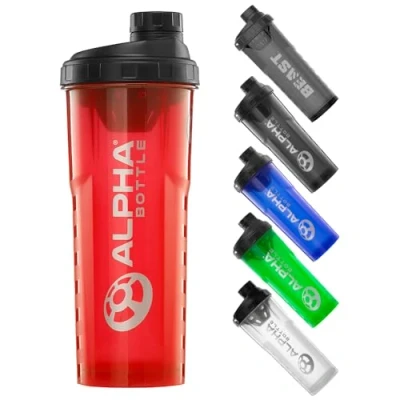 Image of Alpha Designs Protein Shaker Bottle 1000ml Gym Cup for Powder Shakes &amp; Sports Supplements Pre Workout Mixer BPA Free 1L Red