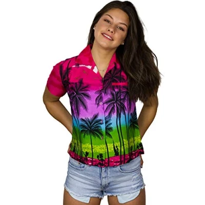 Image of King Kameha Funky Hawaiian Blouse Shirt, Shortsleeve, Print Beach, Pink, XL