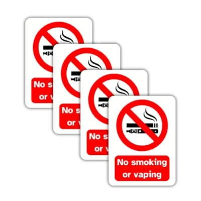 Image of No smoking or Vaping Vinyl Signs, 75mm x 100mm, Self Adhesive Stickers, Waterproof, Indoor/Outdoor Use, Safety Warning Sign, C&amp;J Goods (No and vaping, 4 Pack)