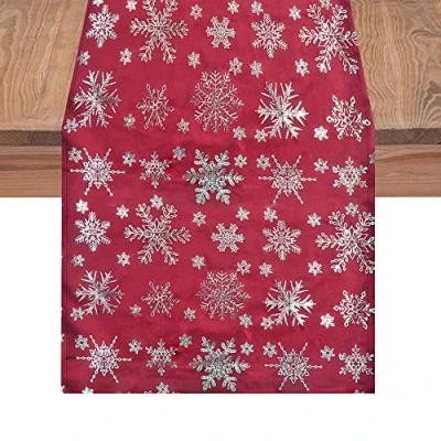 Image of Christmas Snowflake Print Table Runner Velvet Decoration 1.5M Red
