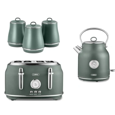 Image of Tower Renaissance Forest Green Kettle, 4 Slice Toaster and Tea, Coffee, Sugar Canisters. Beautiful Matching Kitchen Set of 5 in with Chrome Accents
