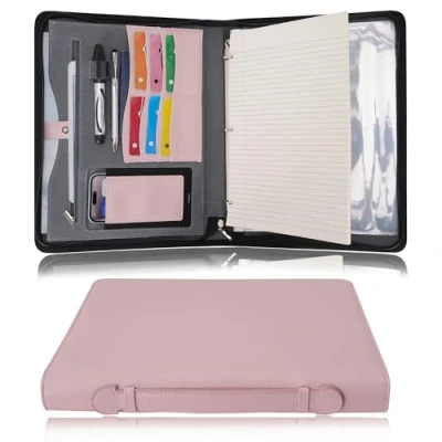 Image of Wonderpool Travel Zippered Portfolio 3 Ring Binder A4 Padfolio Document Case with Removable Clipboard Legal Pad Holder, Business Office School Organizer for Men and Women (Pink)