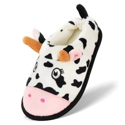 Image of Geebuzz Cute Animal Slippers for Kids Girls Boys Warm Plush Winter House Shoes (White Cow, UK Footwear Size System, Little Kid, Numeric Range, Medium, 10, 11)