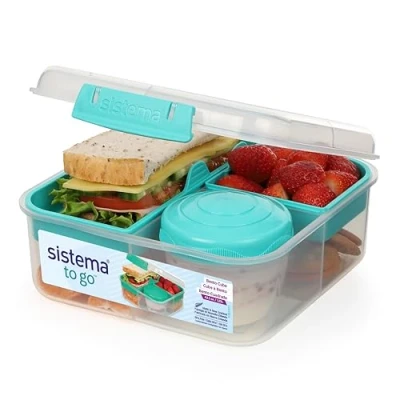 Image of Sistema TO GO Bento Box Cube 1.25 L School Lunch With Compartments &amp; Snack Pot BPA Free 1 Count Minty Teal