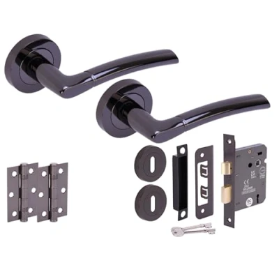 Image of HANDLEZONE® Nemo Door Handles on Rose 3 Lever Lock Pack with Ball Bearing Hinges Black Nickel