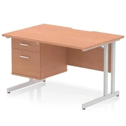 Image of Impulse 1200 x 800mm Scalloped Edge Straight Office Desk Beech Top Silver Cantilever Leg Workstation 1 2 Drawer Fixed Pedestal