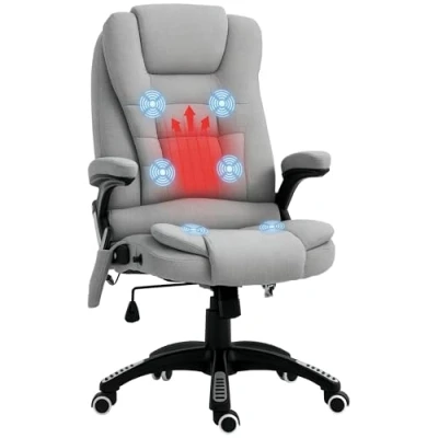 Image of Vinsetto Office Chair, Ergonomic Desk Chair with 6 Point Massage and Back Heated, Linen Feel Fabric Computer Gaming Arms, Lumbar Support, Light Grey