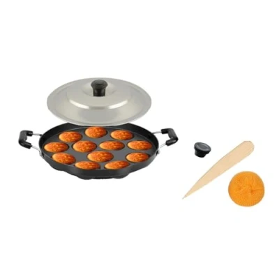 Image of Satre Online And Marketing Non Stick Appam Pan with Steel Lid,12 Pits Maker Lid, Appa Chetty Paniyaram Patra Tawa Set of 1