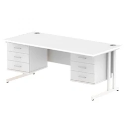 Image of Impulse 1800x800 Desk White Cantilever Leg + 2x Fixed Pedestal