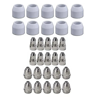 Image of SUSEMSE 30 PCS P 80 Plasma Cutter Cutting Torch Consumables, Non Touch Pilot Arc Nozzles + Tip Electrodes Ceramic Shield Cups