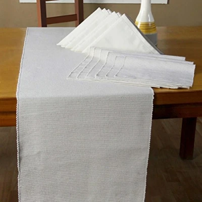 Image of HOMESCAPES 6 Placemats 1 Table Runner and Napkins Set White 100% Cotton Easy Care Washable at 60 Deg C