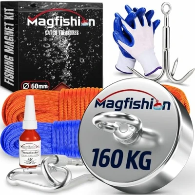 Image of MAGFISHION Magnet Fishing Kit 160 KG (350lb) Ø60mm Super Strong Neodymium with 2 Ropes, Carabiners, Grappling Hook, Gloves, Threadlocker Magnetic Powerful Magnets