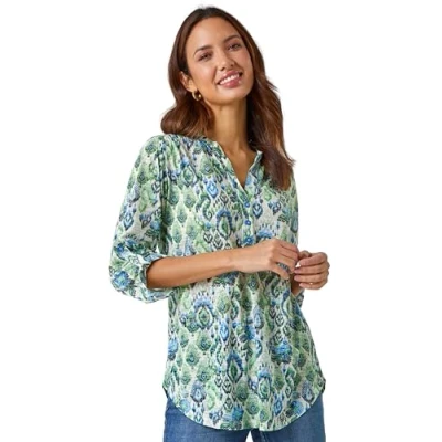 Image of Roman Originals Abstract Print Shoulder Pleat Shirt for Women UK Ladies Everyday Autumn Winter Round Neckline Comfy Soft Evening Vacation Work Party Night Out Green Beige Size 14