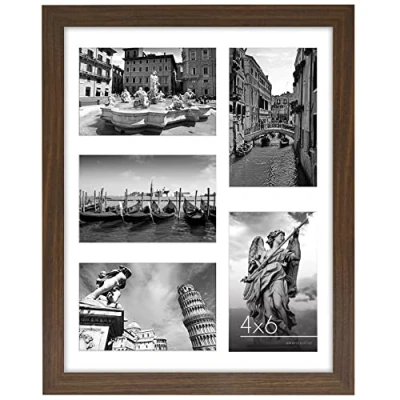 Image of Americanflat 11x14 Collage Photo Frame with Shatter Resistant Glass Fits Five 4x6 Photos or One Picture Multi Aperture for Wall Display Walnut