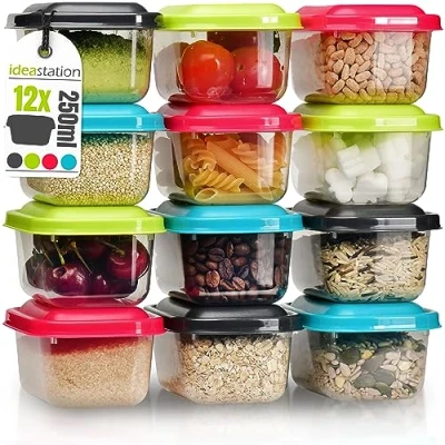 Image of idea station plastic Food Containers with Lids 12 x 250 ml colourful Baby Storage Ideal Snack Box for Babies and Kids Perfect Spices, Herbs, Fruits, Cereals
