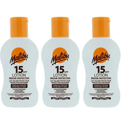 Image of Malibu High Protection Water Resistant Vitamin Enriched SPF 15 Sun Screen Lotion, 100ml 3 Pack