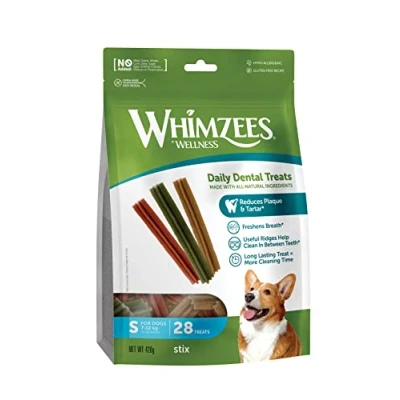 Image of WHIMZEES By Wellness Stix, Natural and Grain Free Dog Chews, Dental Sticks for Small Breeds, 28 Pieces, Size S