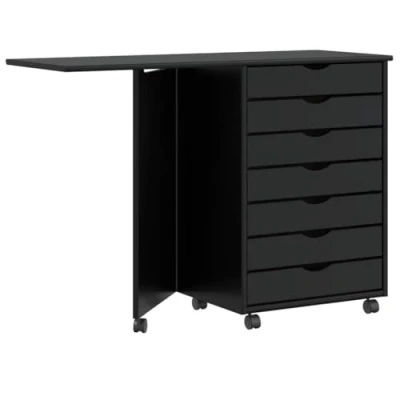 Image of vidaXL Rolling cabinet with desk MOSS solid pine wood black, chest of drawers, office cabinet, filing storage trolley drawers